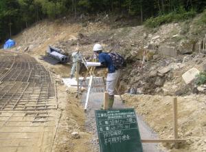 農林事務所職員が林道の段階確認をしている様子