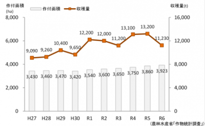 岐阜県産麦類の作付面積と収穫収量の推移