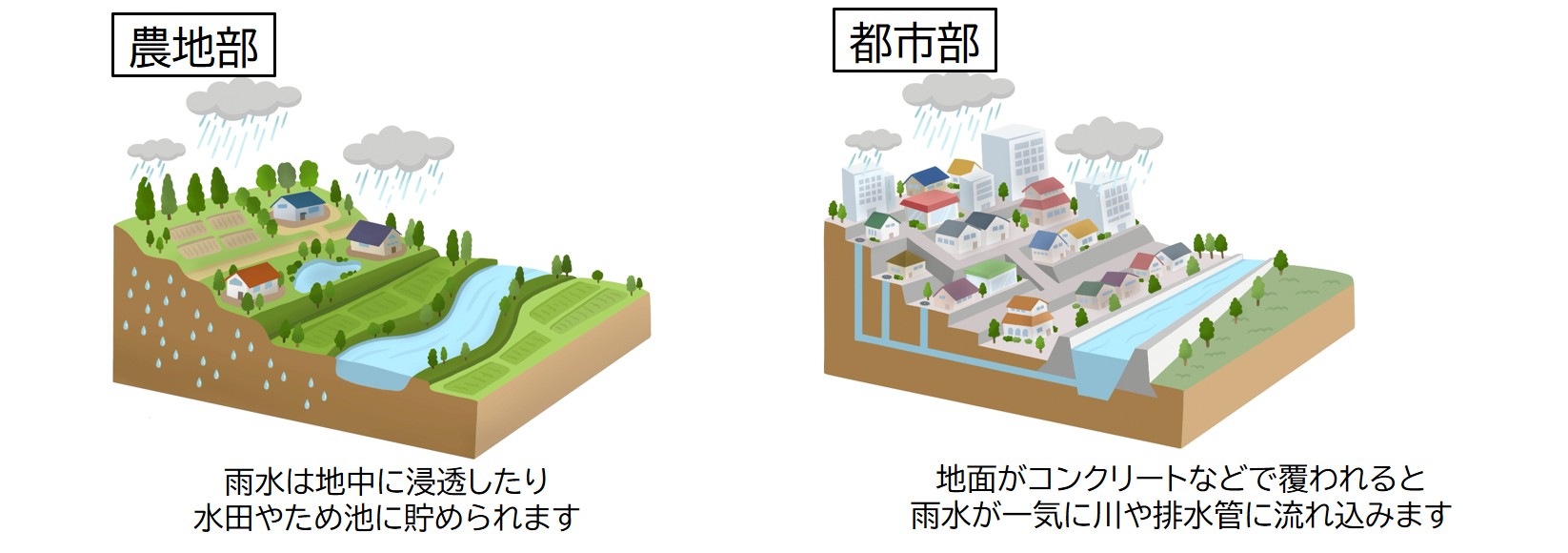 開発前・後における雨水流出量増大のイメージ