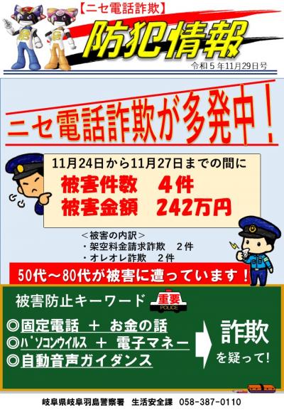 ニセ電話詐欺が多発中